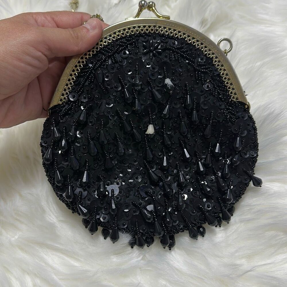 Vintage Black Fringe Sequin Purse Clutch Crossbody Evening Bag - Picture 4 of 11
